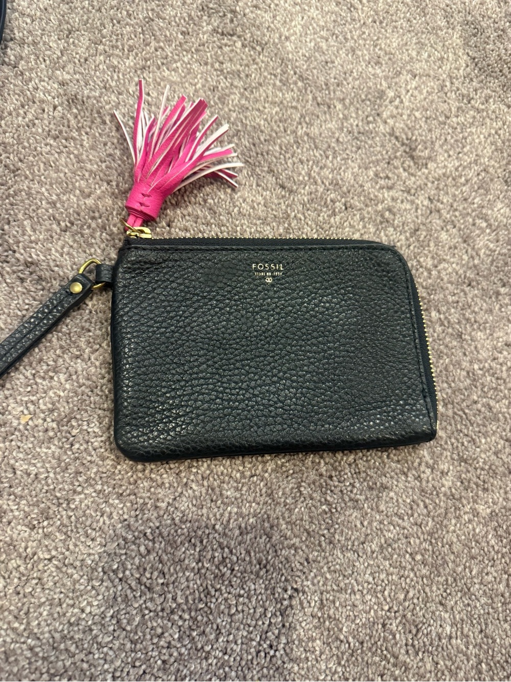 Fossil Black Leather Wristlet with Pink Tassel Accent